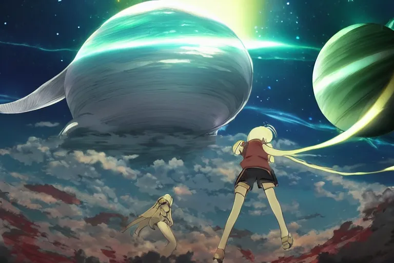 Image similar to tonemapped anime character!!! splitting a gas giant in half like parting the red sea, with pack of space whales fly through an interdimensional rift! in background by ( hiromu arakawa ), makoto shinkai and ( cain kuga )