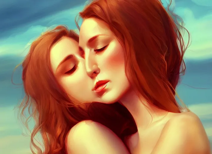 Image similar to woman love woman, sweet hugs, gold trim, atmoshperic, elegant, sharp focus, sand sea, red sun, huge lips, by n i x e u. artstation, intricate details