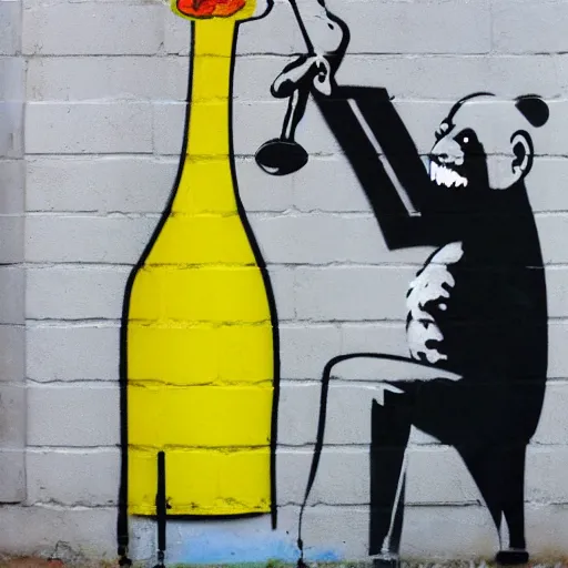 Image similar to Graffiti by Banksy of an ape in a suit drinking champagne