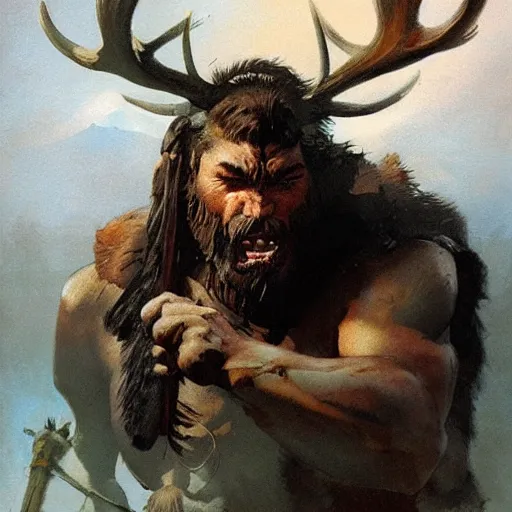 Image similar to hairy barbarian with moose head by greg rutkowski by frank frazetta