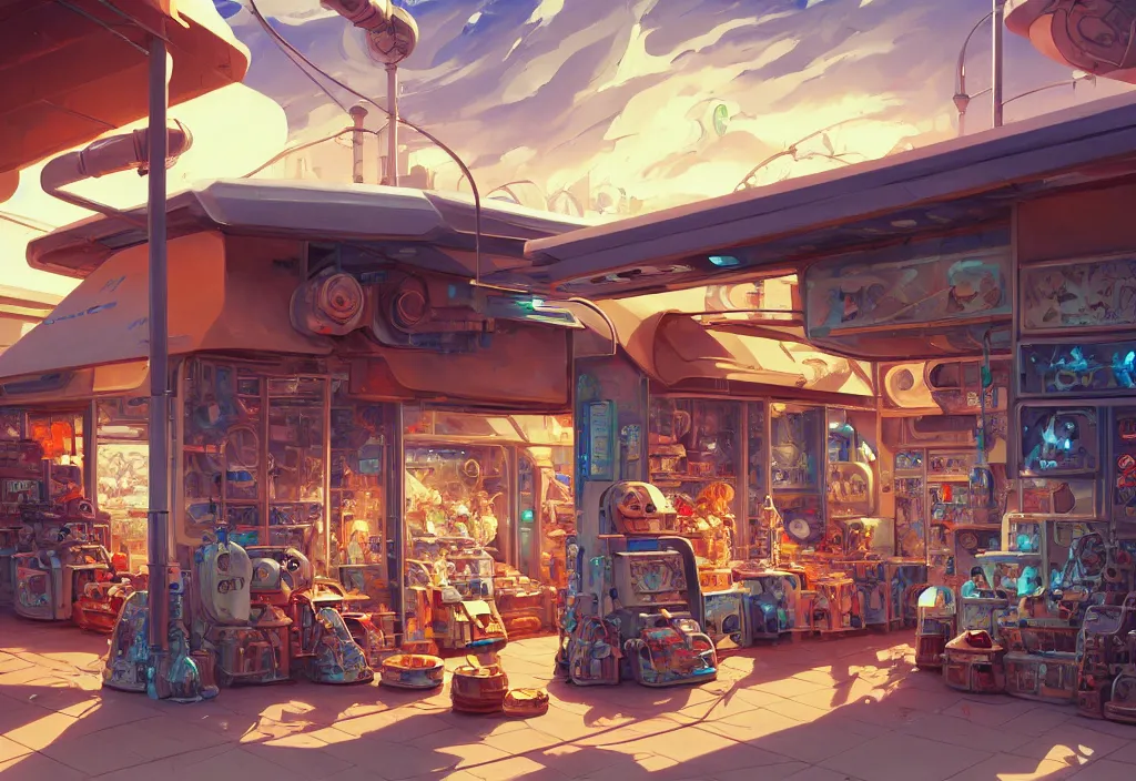 Prompt: chubby futuristic shop in the desert surrounded by two metal boxes, intricate oil painting, high detail illustration, sharp high detail, manga and anime 1 9 9 9, official fanart behance hd artstation by jesper ejsing and makoto shinkai, 4 k,