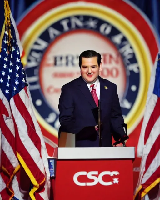 Prompt: portrait of anthropomorphic ted cruz sock puppet hybrid behind a podium in a cpac convention, intricate detail, octane, editorial photo