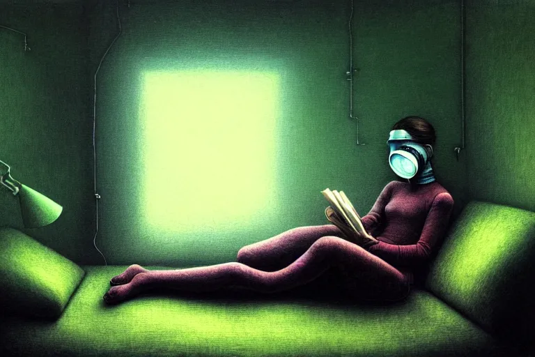 Image similar to girl with wearing a gas mask lying on the sofa reading a book in her room, in the style of beksinski, futuristic, naturecore, atmospheric, intricate and epic composition, green by caravaggio, insanely quality, highly detailed, masterpiece, white light, artstation, 4 k