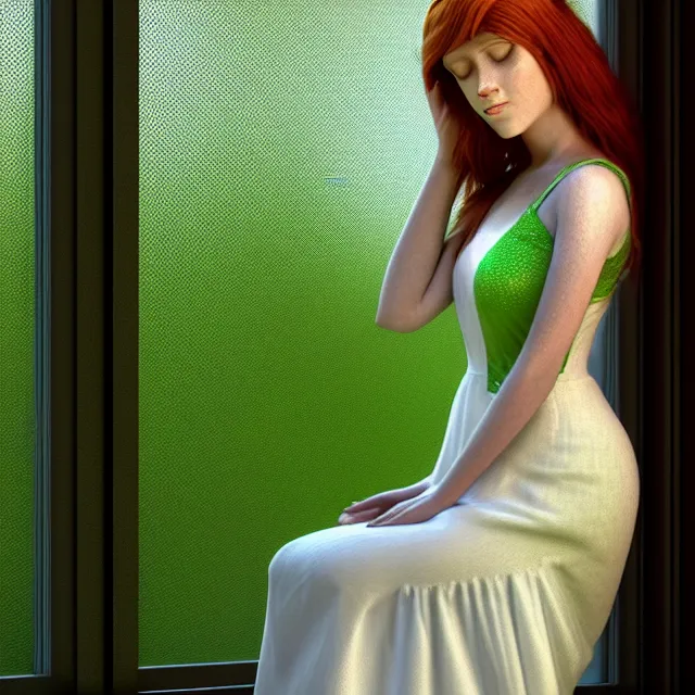 Prompt: an amazing!! render of a woman with auburn hair and a white veil on her head wearing a green dress sitting in front of an open window, an ambient occlusion render, featured on zbrush central, hyper realistic art, neural pointillism, houdini, zbrush, warm earth tones, natural light