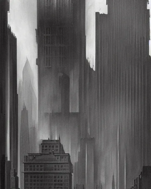 Image similar to a painting by image in the style of Hugh Ferriss. Black and dark grey. Tall, wide, imposing building in a dramatically lit metropolis. eerie. incomprehensible size.