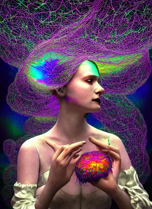 Prompt: hyper detailed 3d render like a Oil painting - Aurora (evocative cyberpunk and oil rainbow faced Singer) seen Eating of the Strangling network of sappy milky Fruit and Her delicate Hands hold of gossamer polyp blossoms bring iridescent fungal flowers whose spores black out the foolish stars by Jacek Yerka, Mariusz Lewandowski, Houdini algorithmic generative render, Abstract brush strokes, Masterpiece, Edward Hopper and James Gilleard, Zdzislaw Beksinski, Mark Ryden, Wolfgang Lettl, hints of Yayoi Kasuma, octane render, 8k