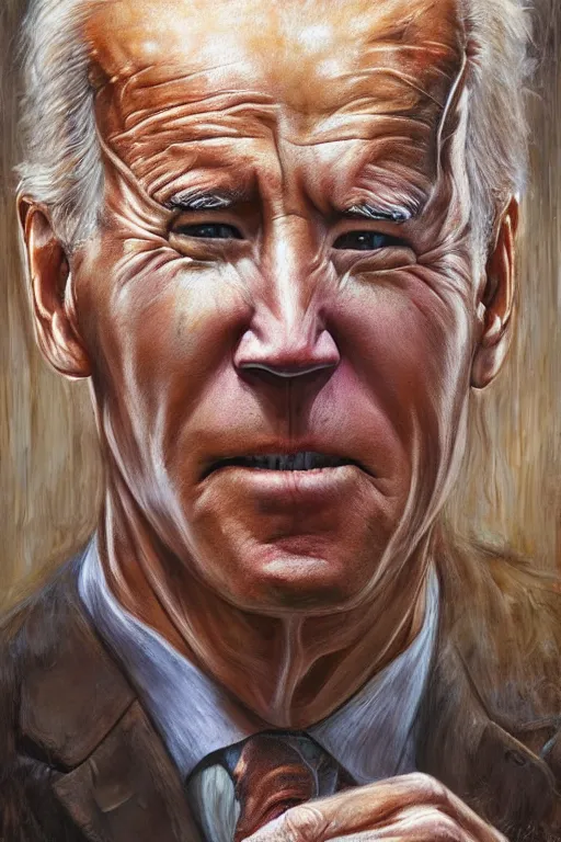 Prompt: Joe Biden portrait, hyper-realistic oil painting, Body horror, biopunk, by Peter gric, Marco Mazzoni