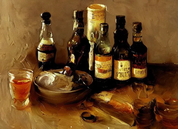 Image similar to palette knife, impasto oil painting of whiskey bottle by cordelia wilson, thick paint brush strokes, art by anders zorn, wonderful masterpiece by greg rutkowski, beautiful cinematic light, american romanticism by greg manchess, creation by tyler edlin