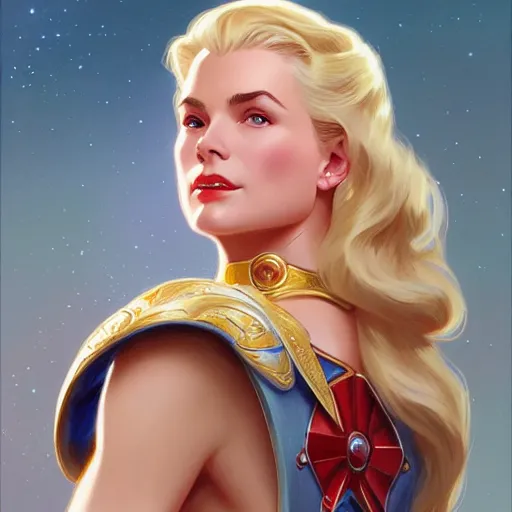 Image similar to Blonde Grace Kelly as She-Ra, western, D&D, fantasy, intricate, elegant, highly detailed, digital painting, artstation, concept art, matte, sharp focus, illustration, art by Artgerm and Greg Rutkowski and Alphonse Mucha