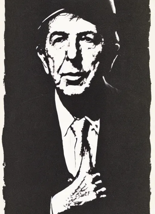 Image similar to Leonard Cohen portrait, By andy warhol