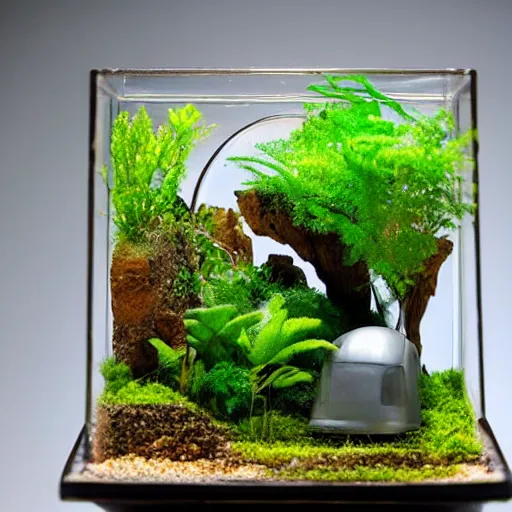 Image similar to a terrarium with a nuclear power plant diorama inside on top of a minimalist table, lit from the side