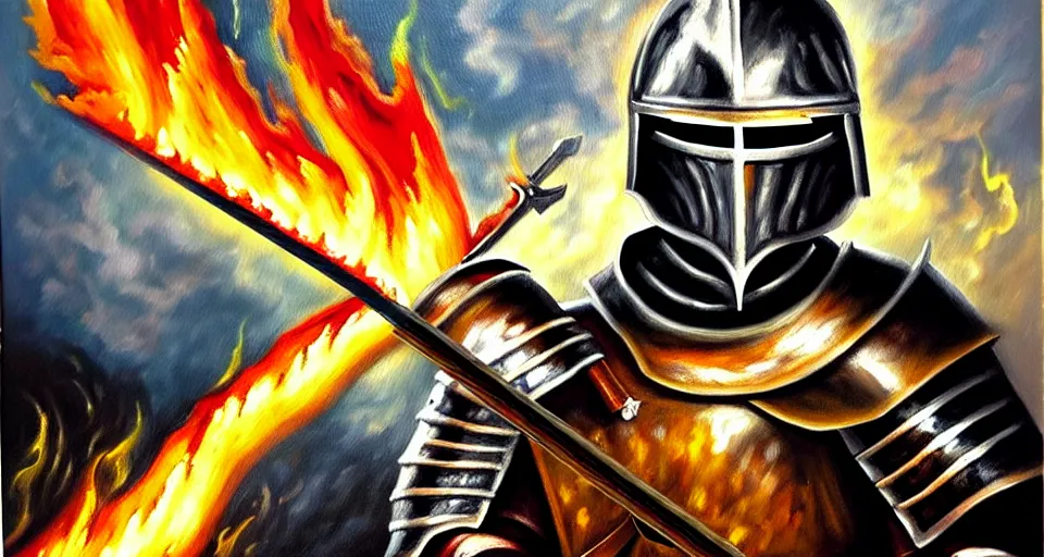 Image similar to An oil painting of a knight in dark metal armor wielding a flaming sword