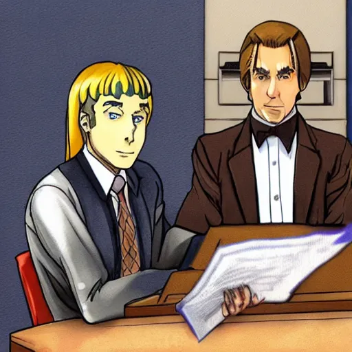 Prompt: Saul Goodman in ace Attorney as Phoenix Wrig, in a courtroom, anime