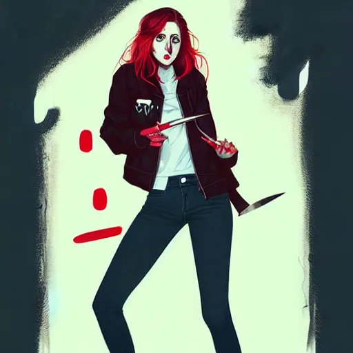 Image similar to loish, artgerm, Joshua Middleton art, pretty Alison Brie serial killer holding bloody knife in right hand realistic hand, blood on clothes and face, sarcastic smile, symmetrical eyes, symmetrical face, jean jacket, jeans, short blonde hair, middle shot, night time, deep blacks