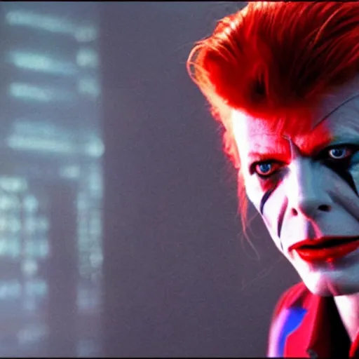 Image similar to awe inspiring David Bowie pkaying The Joker 8k hdr movie still dynamic lighting