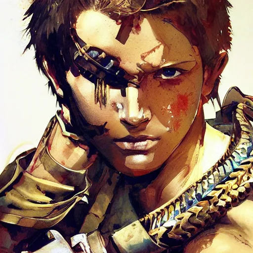 Image similar to portrait of a young white hero using his right arm to hold his sword covering his eye by yoji shinkawa, high quality, extra details, realism, ornate, colored, golden chain, blood, white skin, short hair, brown eyes, vivid, sunlight, dynamic, american man, freedom, white american soldier, painting, cybernetics, military