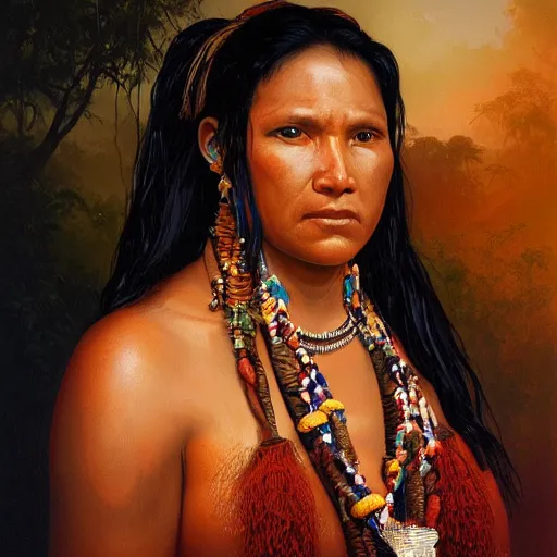 Prompt: portrait of an arara woman ( 3 5 ) from rondonia, brazil, an oil painting by ross tran and thomas kincade