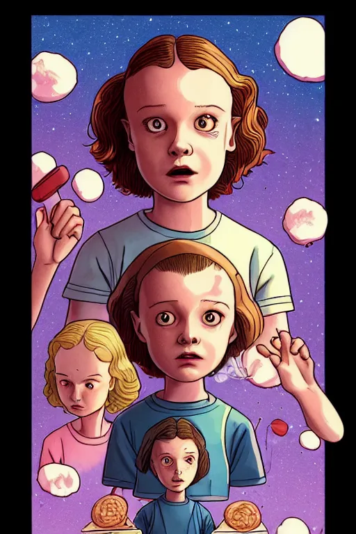 Prompt: eleven from stranger things making pancakes, animation pixar style, by pendleton ward, magali villeneuve, artgerm, rob rey and kentaro miura style, golden ratio, trending on art station