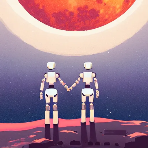 Prompt: illustration of two robots holding hands on a summit, standing, looking out toward a full moon on a starry night, beautiful, muted colors, in the style of hirohiko araki, rutkowski, atey ghailan
