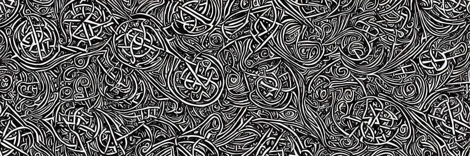 Prompt: intricate design pattern for elvish symbols and runes tattoos, white lines on black background