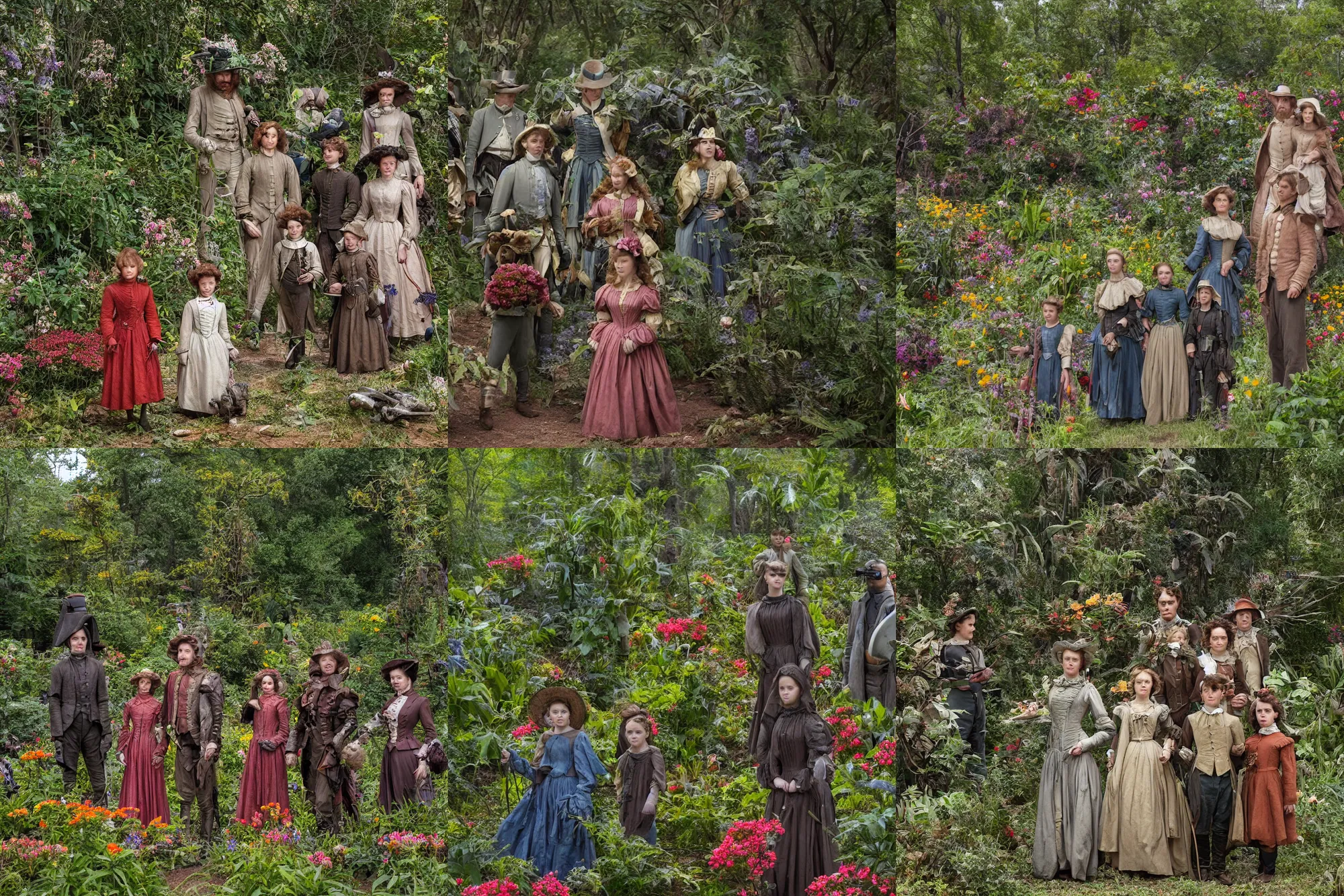 Prompt: sharp, highly detailed, 43456k film, 168800mm film still from a sci fi blockbuster color movie made in 2019, set in 1860, of a family standing in a park, next to some strange alien plants and flowers, on an alien planet, the family are all wearing 1860s era clothes, good lighting, ultra high definition, ultra enhanced faces, in focus, 35mm macro lens