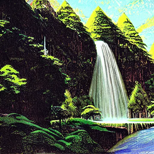 Image similar to drawing of Rivendell by Syd Mead