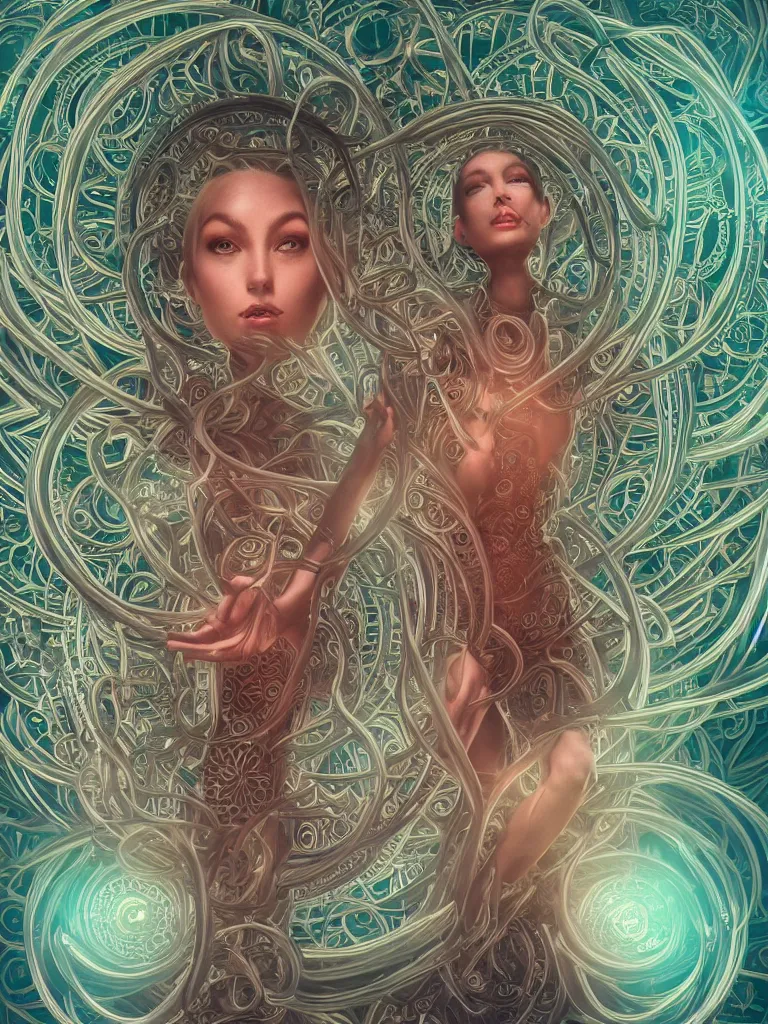 Image similar to a centered render of an alluring goddess floating through a robotic tunnel surrounded by flowing tendrils of energy and spiral mandalas, full body, gorgeous face, perfect face, powerful, by amanda sage, 3 d, trending on artstation, octane render, 8 k