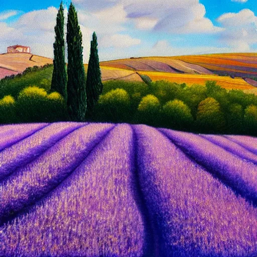 Prompt: oil painting of lavander fields in the south of france surrounded by cypress trees, various styles.