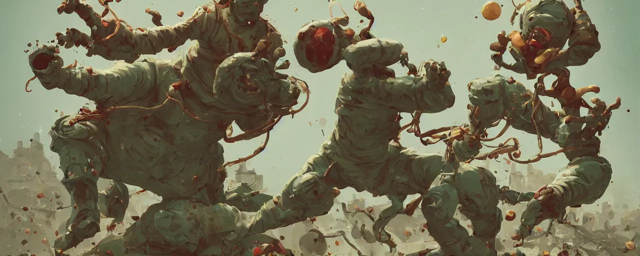 Image similar to duotone olive mutagen illustration 3 / 4 portrait of gollum kung fu fighting with michelin mans chaotic composition accidental renaissance golden ratio. by sachin teng and sergey kolesov and ruan jia and heng z. graffiti art, scifi, fantasy, hyper detailed. octane render. concept art. trending on artstation