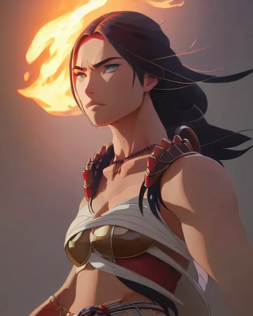 Image similar to azctec warrior, megan fox, detailed perfect face, exquisite details, fire magic, mid view, design on a white background, by studio muti, greg rutkowski makoto shinkai takashi takeuchi studio ghibli