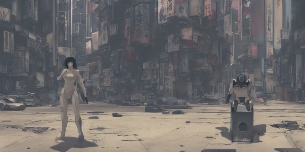 Prompt: incredible screenshot from ghost in the shell, simple watercolor, soft bloom lighting, paper texture, movie scene, a robot mecha wandering in a deserted shinjuku junk town, old pawn shop, bright sun bleached ground, cyberpunk, animatronic, black smoke, pale beige sky, junk tv, texture, strange, impossible, fur, spines, mouth, pipe brain, shell, brown mud, dust, overhead wires, telephone pole, dusty, dry, pencil marks hd, 4k, remaster, dynamic camera angle, deep 3 point perspective, fish eye, dynamic scene