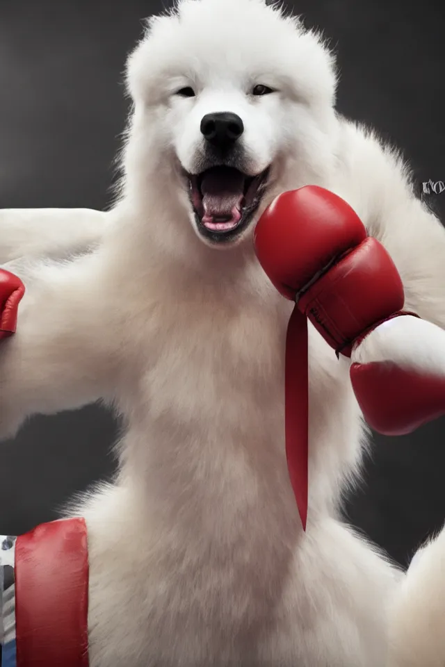 Image similar to samoyed dog head on a human body as a muay thai kickboxer, world championship fight, photorealistic, cinematic lighting, film still