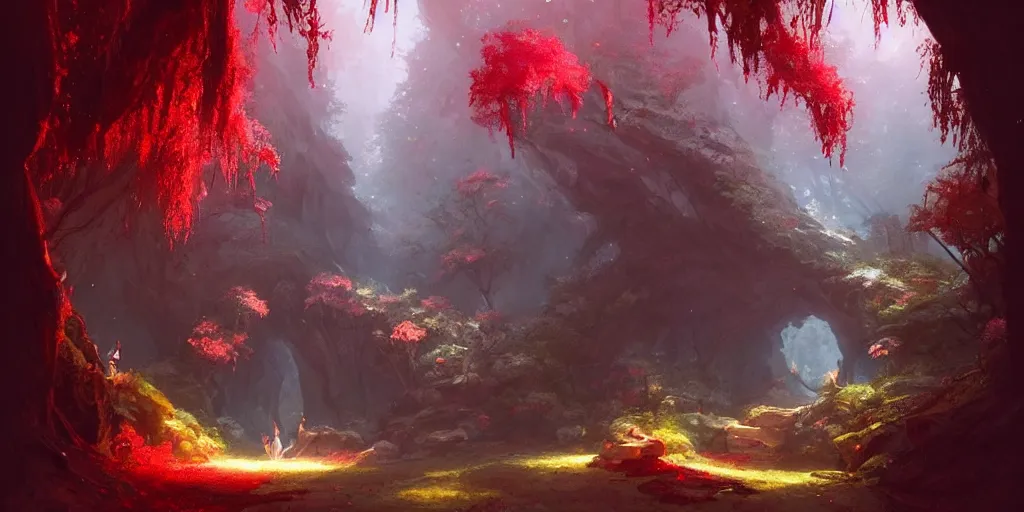 Prompt: entrance to small grotto deep inside the forest, red crystals growing everywhere. In style of Greg Rutkowski, Jesper Ejsing, Makoto Shinkai, trending on ArtStation, fantasy, great composition, concept art, highly detailed, scenery, 8K, Behance.