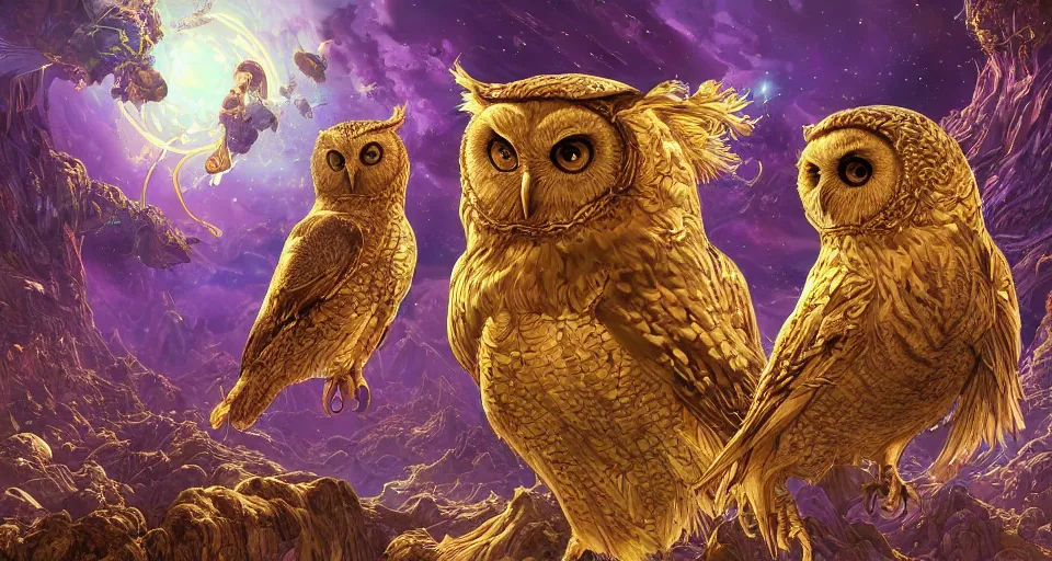 Image similar to the portrait of a smiling golden owl in the depths of the universe, an ultrafine hyperdetailed illustration by kim jung gi, irakli nadar, intricate linework, bright colors, octopath traveler, final fantasy, unreal engine 5 highly rendered, global illumination, radiant light, detailed and intricate environment, - h 1 0 2 4