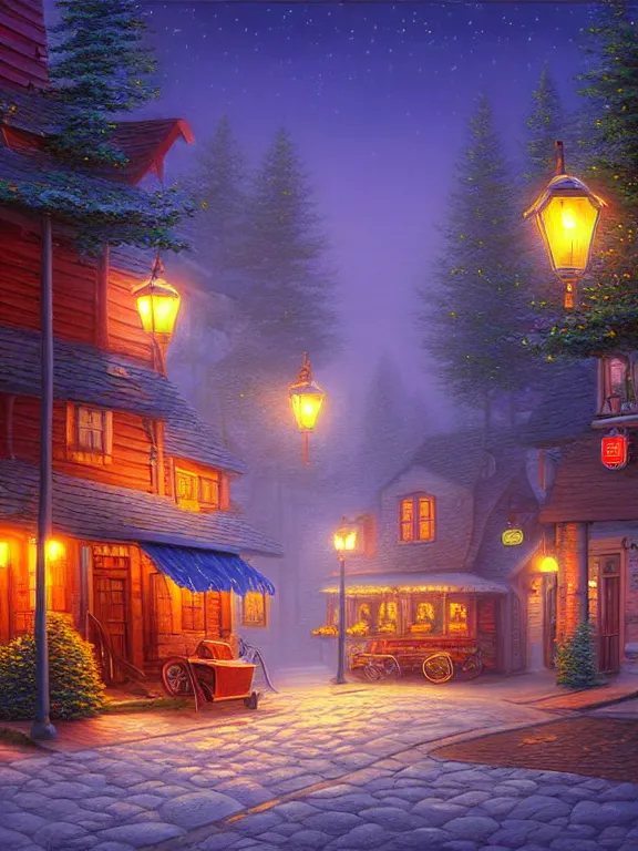 Image similar to beautiful digital painting of a a street with a tavern and pine trees by Evgeny Lushpin