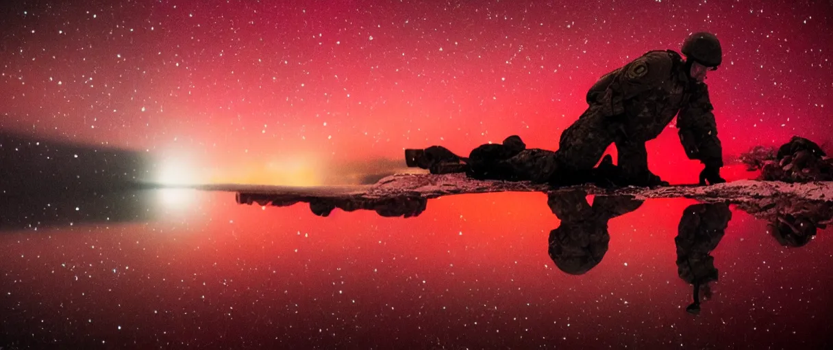 Prompt: an extreme closeup movie like 3 5 mm film depth of field photograph of a soldier falling face first into a small reflective puddle of dark red wine under the northern lights in antarctica at night, in the style of a horror film