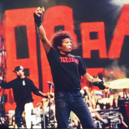 Image similar to Rage Against the Machine, live 1993, live at Lollapalooza, Tom Morello, Zack de la Rocha, VHS quality