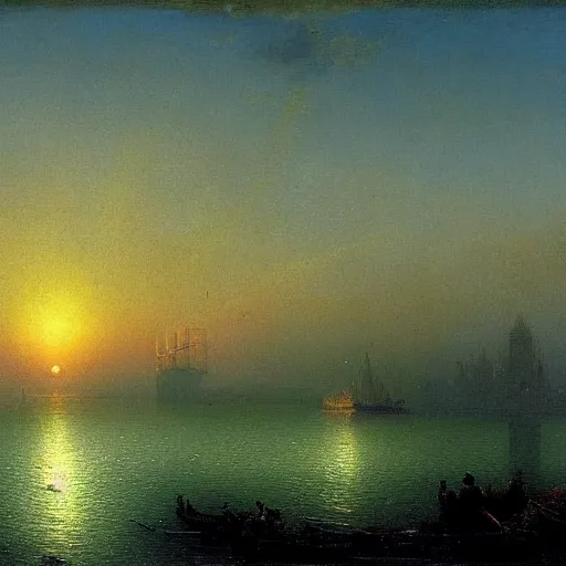 Prompt: a sunset overlooking a utopian city, by ivan aivazovsky