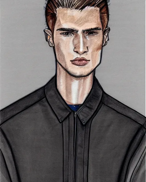 Prompt: rough marker sketch of a male model wearing a baggy menswear moto jacket by issey miyake, 4 k, astonishing detail, studio lighting, wide angle lens