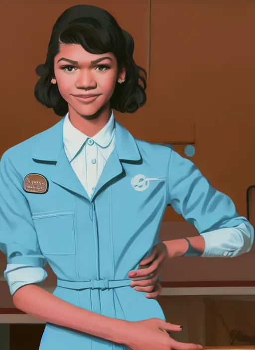 Prompt: Portrait of Zendaya wearing baby blue color diner waitress dress, she is a high school student working in the RR diner from Twin Peaks by Michael Whelan, Bob Larkin and Tomer Hanuka, simple illustration, domestic, nostalgic, clean, full of details, by Makoto Shinkai and thomas kinkade, Matte painting, trending on artstation and unreal engine