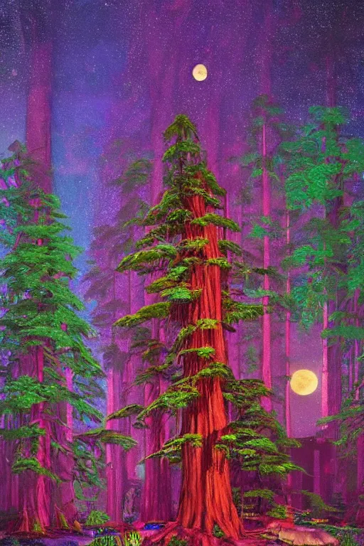 Image similar to redwood trees during nighttime, under the full moon. radiating colorful energy. photorealistic, magical atmosphere,, holographic undertones, intricate and detailed, highly saturated colors, by kan liu, breath of the wild, studio ghibli. trending on artstation. award winning, daily deivation