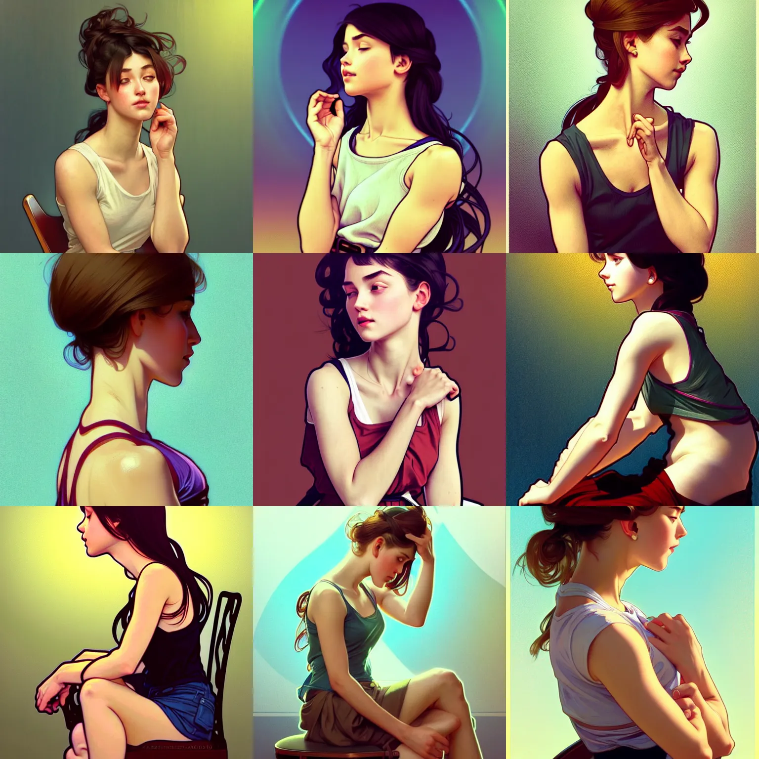 Prompt: girl sitting on a chair, hands in her hair, wearing a low cut tanktop and short skirt. side-view, highly detailed, digital painting, artstation, concept art, smooth, sharp focus, illustration, art by artgerm and alphonse mucha, high definition digital art, in the style of Ross tran and ilya kuvshinov