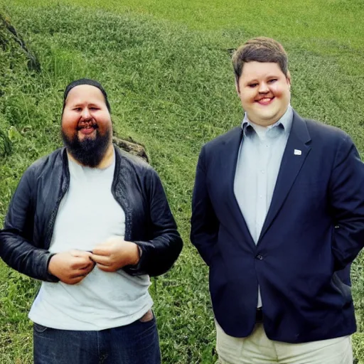 Prompt: an image of two humans. the first human is markus persson. the second human is barack obama. mojang, notch.