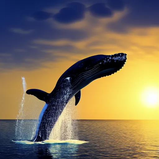 Prompt: whale floating in the air instead of airplanes while the sea raises and some drops flow in the sky, fishes jumping out of water while the sun is seen nicely, ultra realistic, 4k