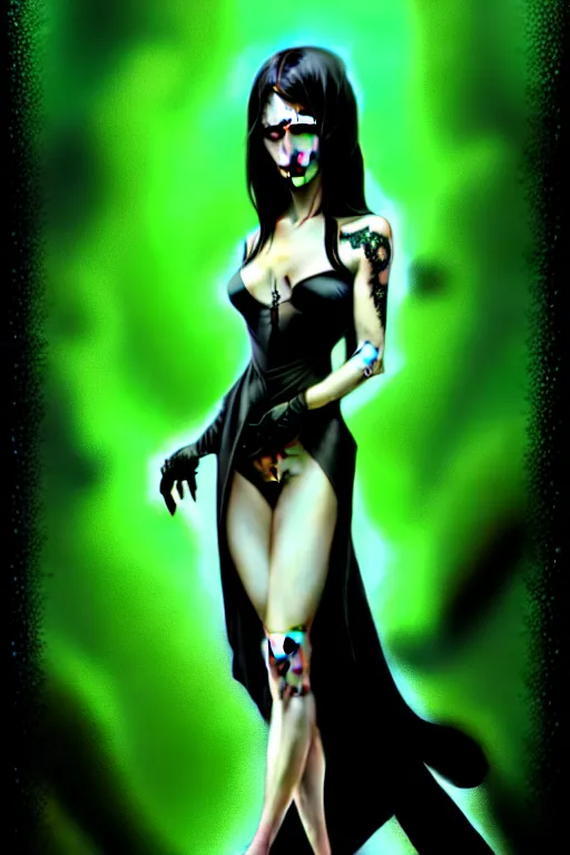 Image similar to portrait of a dark fantasy seductive female necromancer, stylish black dress, green eyes, long red hair, fantasy, elegant, intricate, full frontal shot, highly detailed, digital painting, artstation, concept art, sharp focus, illustration, art by artgerm and greg rutkowski and alphonse mucha