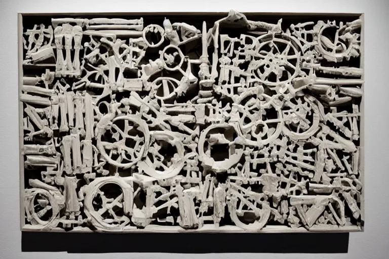 Image similar to a louise nevelson sculpture made of bones painted white, dramatic lighting, highly detailed