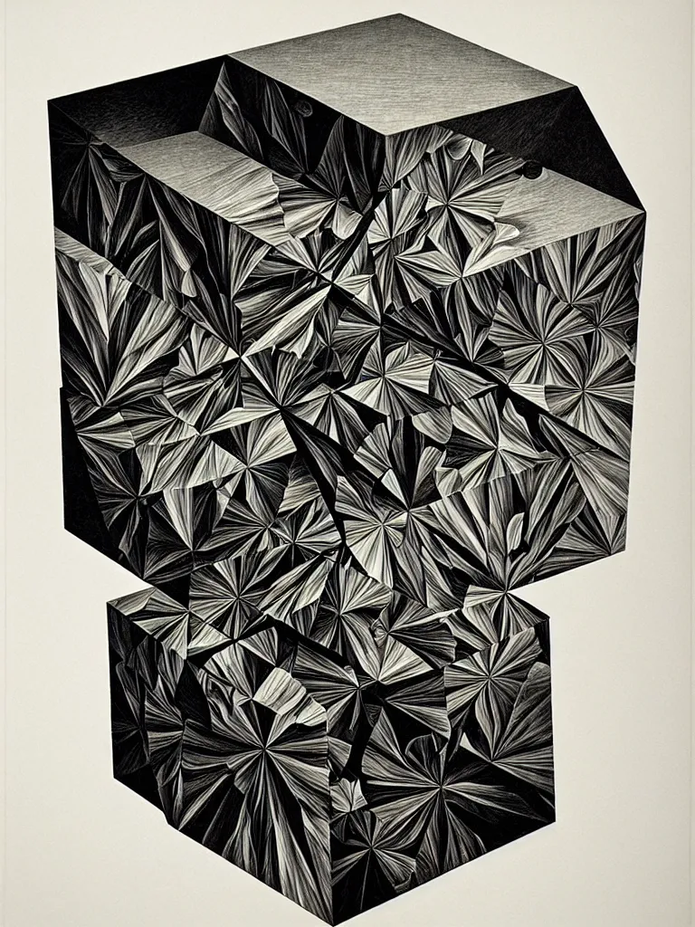 Image similar to hyperrealistic still life portrait of a tesseract, impossible shape, by caravaggio, mc escher, and yosumo okuta, botanical print, surrealism, vivid colors