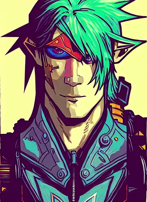 Prompt: cyberpunk link from zelda!! cyborg portrait illustration, pop art, splash painting, art by geof darrow, ashley wood, alphonse mucha, makoto shinkai