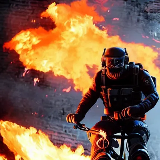 Image similar to Montagne from Rainbow Six Siege riding a bike leaving behind a trail of flames and explosions