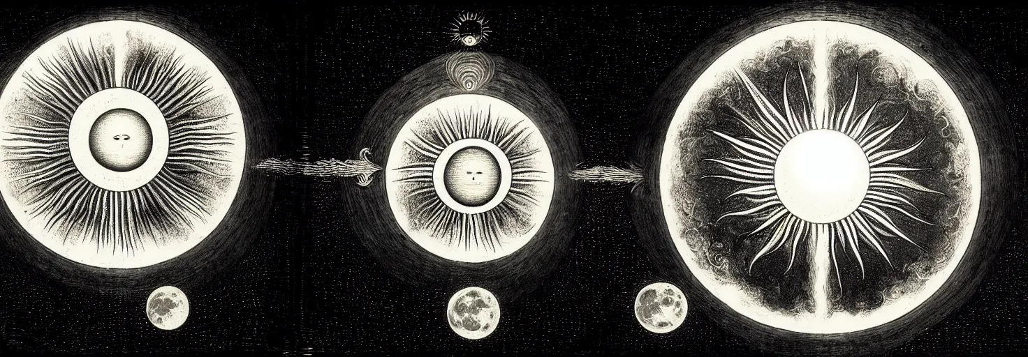 Image similar to a giant sun sings a unique canto about'as above so below'to the the moon, while being ignited by the spirit of haeckel and robert fludd, breakthrough is iminent, glory be to the magic within, in honor of saturn, painted by ronny khalil